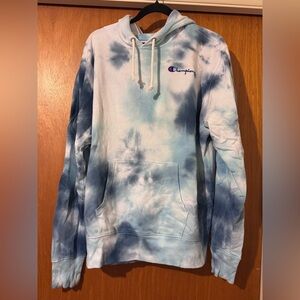Champion Men's Blue and White Tie-Dye Hoodie